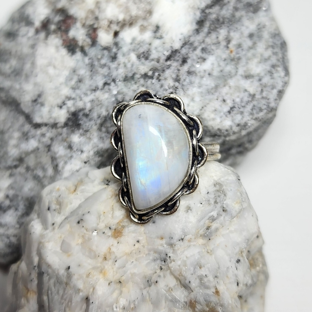 Rainbow Moonstone Ring Hand Crafted Moon Shaped S… - image 1